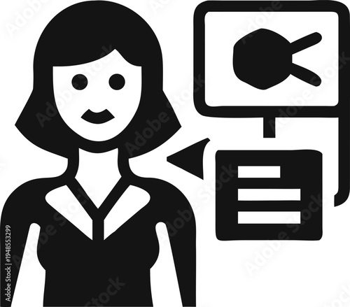 Woman speaking with a speech bubble showing a microphone and communication text