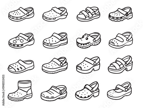 Set of summer flip-flops, clogs. Beach summer shoes. Trendy shoes. Unisex slates. Vector illustration isolated on a white background. 