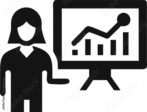 This image depicts a female presenter explaining analytical data with a fluctuating line graph and bar charts