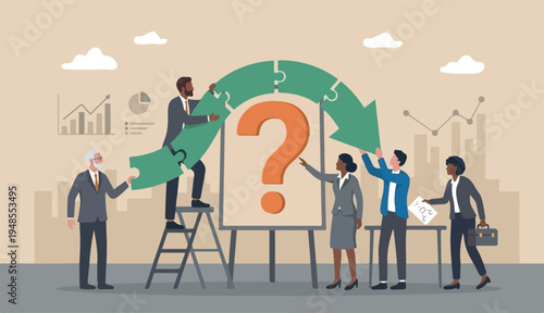 Teamwork to solve business problem, cooperation or collaboration in company to achieve business success concept, businessmen women, colleagues help put solution in to arrow question mark problem sign