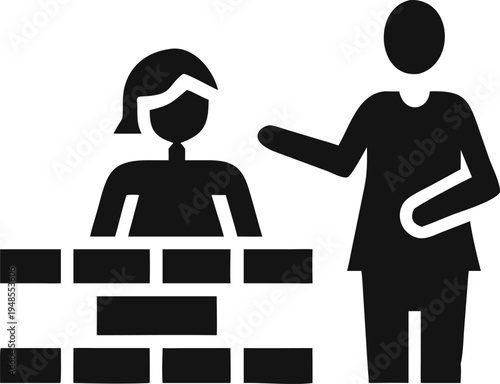 Two people communicating across a symbolic brick wall barrier during a discussion