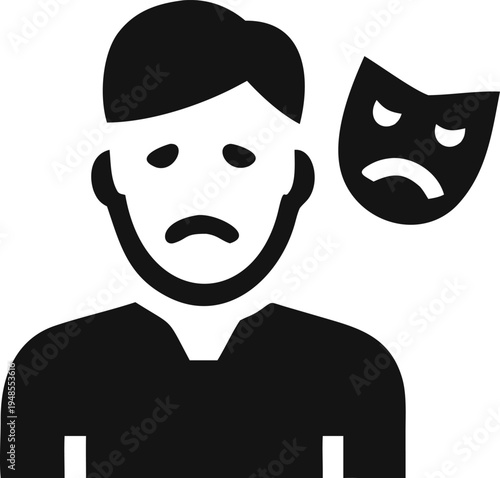 Unhappy casual man standing beside a mournful theatrical mask representing sorrow