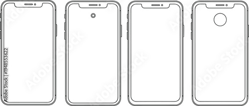 Cad drawing flat vector illustration of smartphone screen protector templates featuring various mobile phone glass film designs with camera notch cutouts.