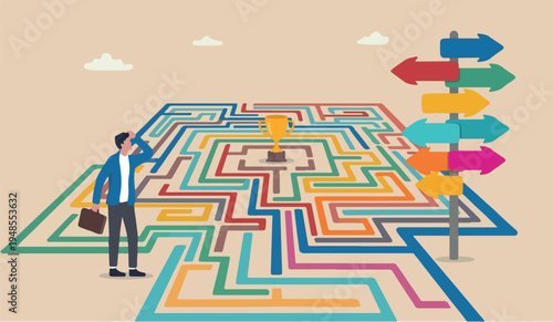 Path success plaining achievement growth project businessman finding the way in labyrinth to reach target
