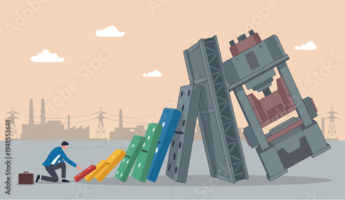 Small habits change increase to productivity,Big industrial efficiency or improvement, easy way to win business success or make a big impact concept, businessman pushing tiny domino to make bigger one