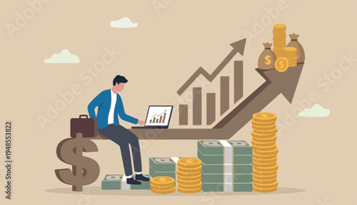 Revenue growth or investment profit increase earning wealth accumulate, growing income financial analysis concept, businessman working computer too laptop dollar sign money with rising graph.