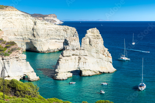 Panoramic view of Kleftiko Bay, Milos island, Cyclades, Greece