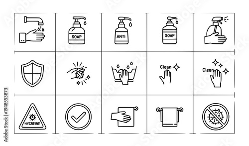 Hand hygiene and sanitation thin outline icons vector pixel perfect healthcare collection