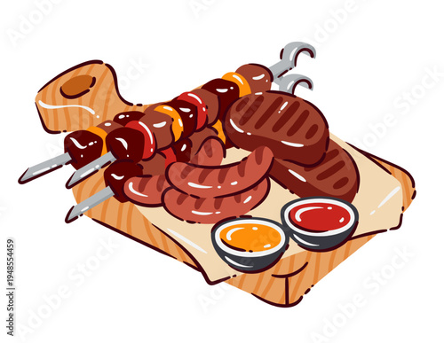 BBQ meat platter with grilled sausages, steak and kebab skewers on wooden board with sauce bowls. BBQ meat platter in bold cartoon style for menu, packaging and branding, vector illustration.