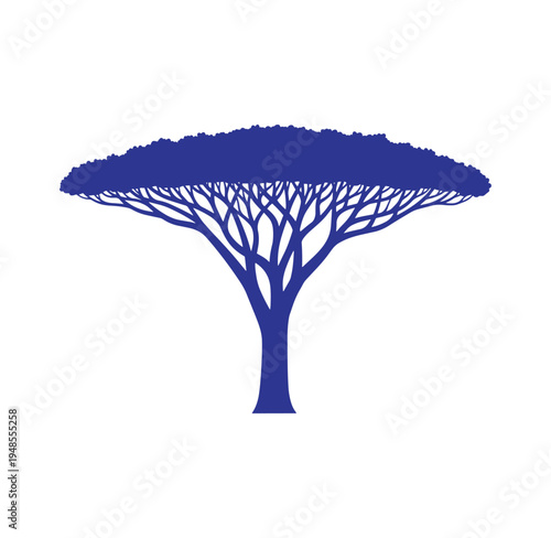 blue silhouette of a tree with a large canopy and multiple branches