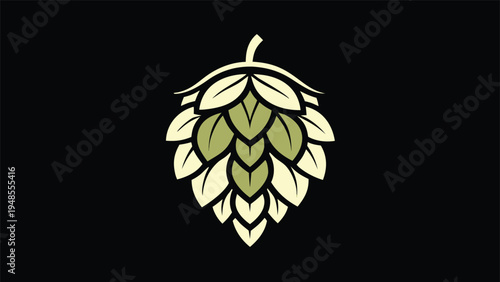 A clean vector illustration of a hop cone using light cream and muted green tones with thick black outlines on a solid black background.