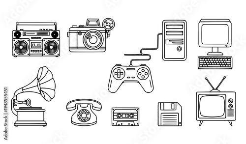 A collection of vintage electronic devices and gadgets in a minimalist line art style