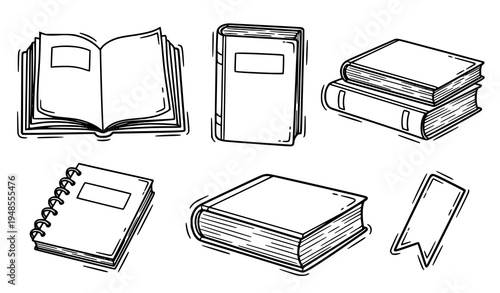 A set of simple line art illustrations of various books and notebooks