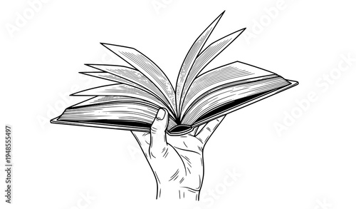 A hand holding an open book in a simple line art style