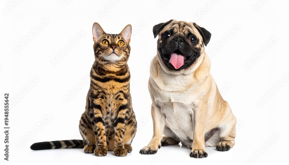 Obraz premium A beautiful spotted Bengal cat and a happy fawn Pug dog sitting together against a clean white background looking curious and friendly