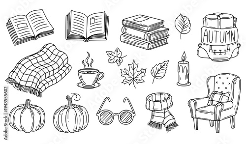A black and white vector illustration of autumnal icons and symbols