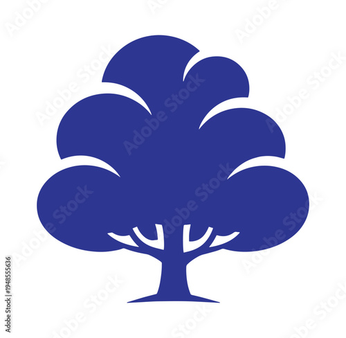 blue tree silhouette with rounded leaves and thick trunk on white background