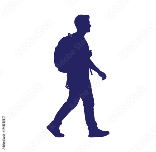 man walking with backpack on white background