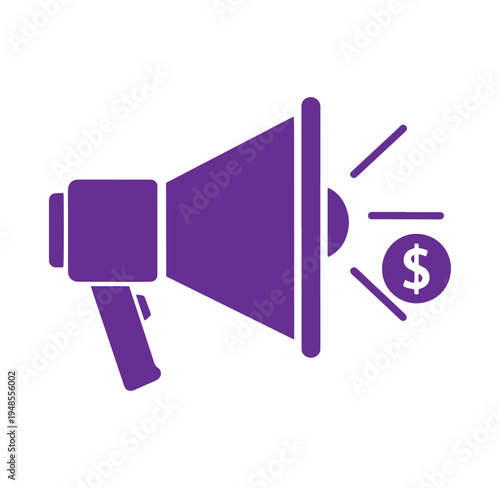 Purple megaphone announcing dollar sign money symbol