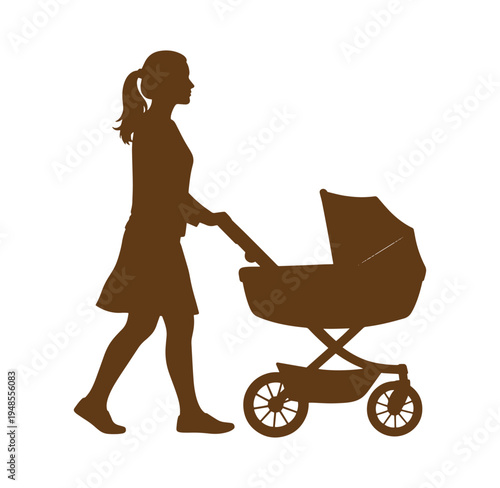 Silhouette of a woman pushing a baby stroller on a white background