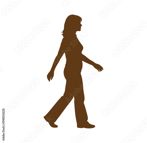 woman walking alone in profile view on white background