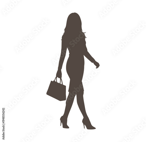 woman walking with handbag in high heels isolated on white background