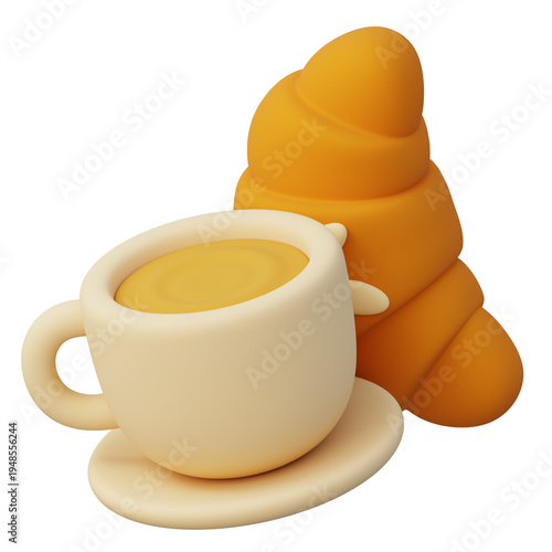Fresh bakery 3d coffee cup and croissant for quick breakfast and office morning energy meal start