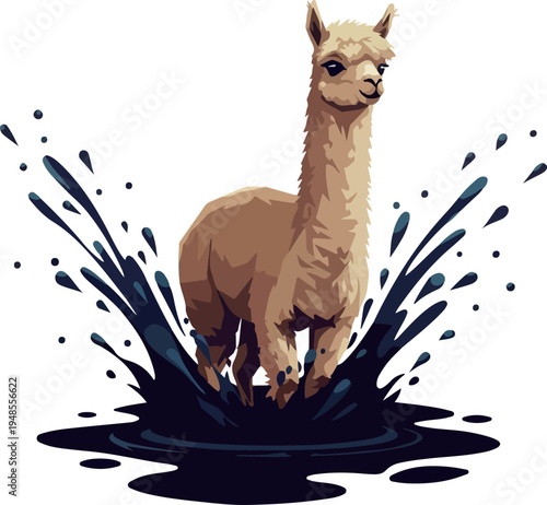 Alpaca Splashing Water Dark Blue Isolated Object Flat Design