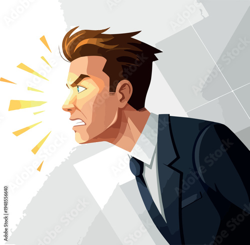 Angry Man In Suit Shouting Aggressively with Yellow Rays on White Background