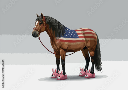 American Flag Horse Wearing Bunny Slippers Isolated Simple Background