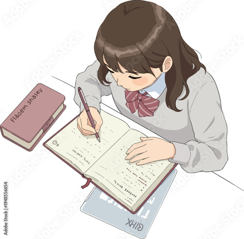 Anime Girl Student Writing in Notebook Study Session