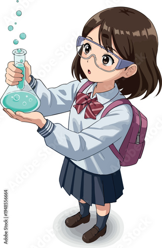 Anime Girl Scientist Holding Flask with Bubbles Wearing Safety Goggles and School Uniform