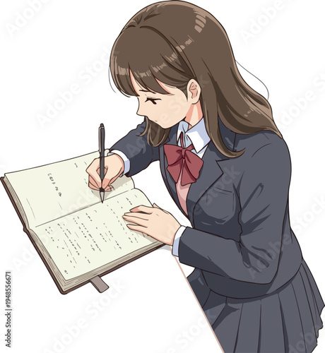 Anime Girl Student Writing In Notebook School Uniform With Bow Tie