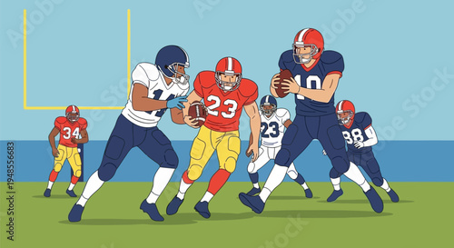 Vintage American Football Game Action Scene with Players in Uniforms and Helmets on Field