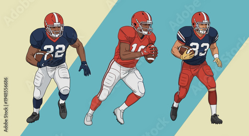 Three American Football Players in Uniforms Running with the Ball, Diverse Athletes in Action on a Diagonal Background