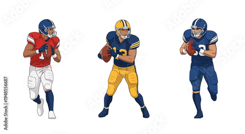 Three American football players in uniform, one throwing a pass, one running with the ball, and one holding the ball, isolated on white background.
