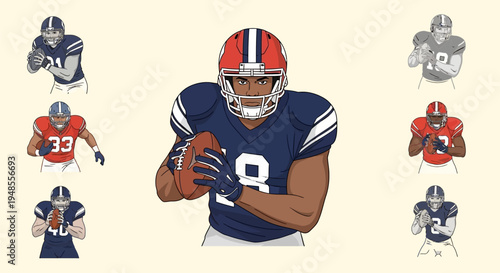 Dynamic collection of American football players illustrations, showcasing various poses, uniforms, and actions for sports-themed designs and projects.
