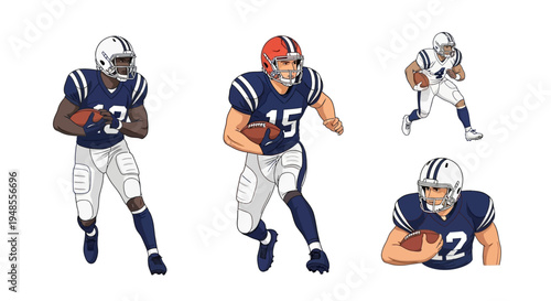 Collection of diverse American football players in action poses, cartoon illustration style, ready for game day, dynamic sports athletes holding the ball.