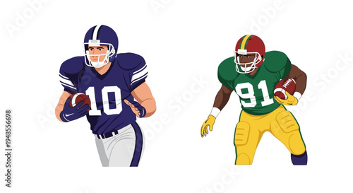 Dynamic illustration of two American football players in action, one in blue uniform and another in green and yellow, capturing the sport's energy and excitement.