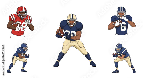 American Football Players in Uniforms, Action Poses, Diverse Athletes, Team Sports, Offensive and Defensive Players