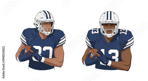 Two diverse American football players in blue jerseys and white helmets holding footballs, ready for action. Isolated vector illustration depicting competitive sport and teamwork.
