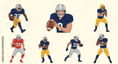 Collection of diverse American football players in action poses, illustrating the sport's dynamic nature and team spirit.