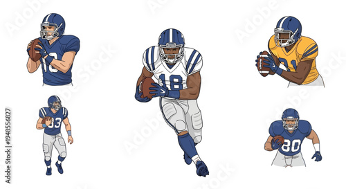 Dynamic collection of American football players in various action poses, showcasing diverse athletes ready for game day, perfect for sports themes.