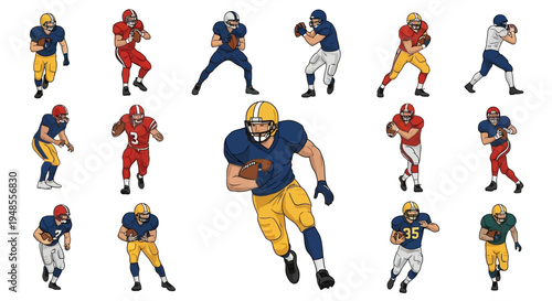 Collection of American Football Players in Uniforms, Poses, and Actions on White Background