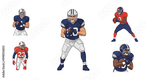 American Football Players in Uniforms, Ready for Action, Isolated on White Background
