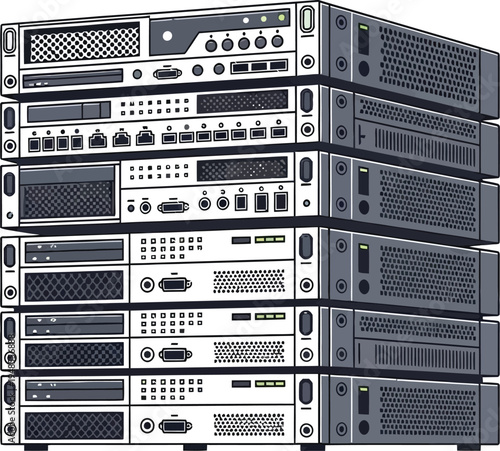 Stack of server rack units represents powerful data center infrastructure.