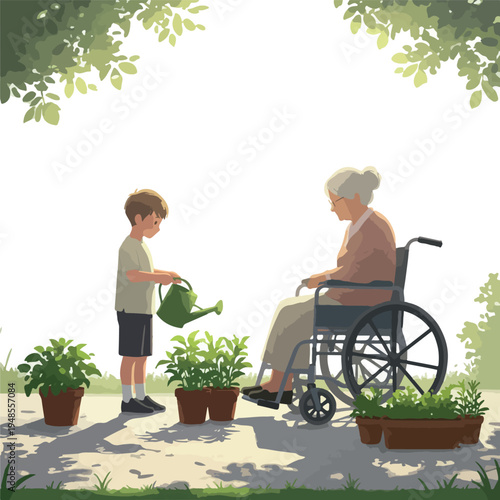 Boy Waters Plants Beside Grandmother In Wheelchair In Garden