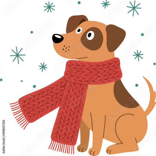 Brown Dog in Red Scarf and Snowflakes Minimal Illustration