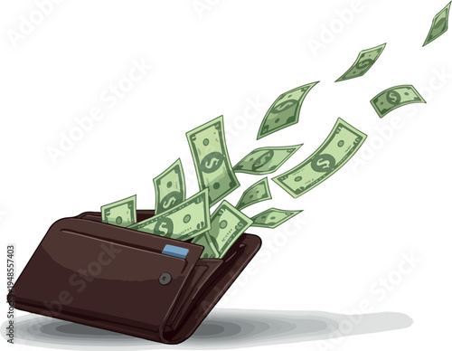 Brown Wallet With Money Flying Out Flat Design Isolated Vector Illustration