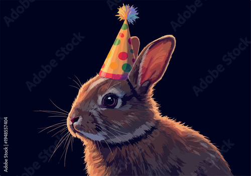 Brown Rabbit Wearing Party Hat Dark Background Pixel Art